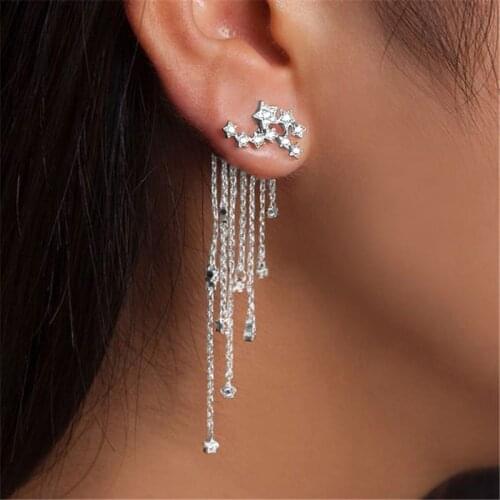 Women earrings Stud Fashion Shooting star Rhinestone Long Tassels Drop Hook ladies Earring Gold Silver retro Classics F80