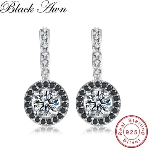 [BLACK AWN] 925 Sterling Silver Jewelry Engagement Hoop Earrings for Women Black Spinel Stone Bijoux Silver 925 Jewelry T001