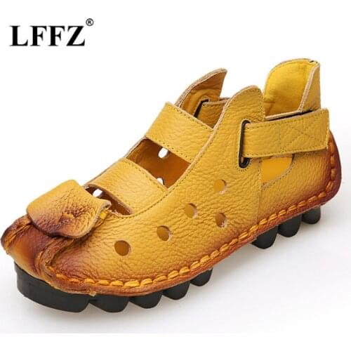 Lzzf 2018 Summer Retro Genuine Leather Flat Shoes Woman Casual Vintage Mocasines Loafers Women Shoes Sandals Large Big Size