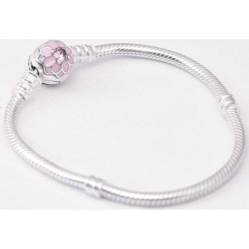 925 Sterling Silver Bracelet Pink Blooming Dahlia Clasp Snake Chain Basic Pan Bracelets Fit Women Bead Charm DIY Jewelry
