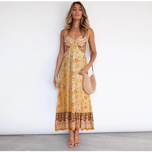 Summer Dress Women 2021 Floral Print Sexy Sleeveless Big Hem Slim Bohemian Dress Backless Sling Ruffled Long Dresses Vestidos