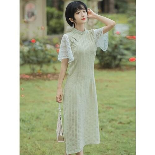 Summer New Womens Chinese Style Retro Literary Temperament Was Thin Cheongsam Dress Lace Sleeves Side Slit Mid-Length Dress