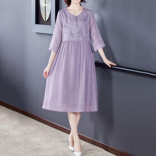 2021 Summer New Dress Half Sleeve High-end Temperament Loose Cotton And Linen Vestidos Autumn Female Robe Light Purple e084