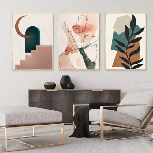 Boho Style Mid Century Abstract Line Print Poster Terracotta Plants Canvas Painting Wall Art Pictures Bedroom Livingroom Decor