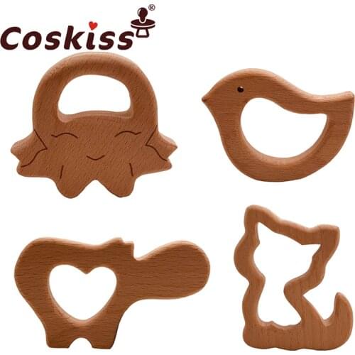 Coskiss Baby Wooden Teether 1pcs Natural Wooden Animal Elephant Bunny Teething Rattle Montessori Inspired Nursing Pendant