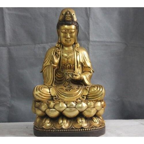 Chinese Bronze Copper Gild Sit Lotus Kwan-yin Guanyin Bodhisattva Buddha Statue