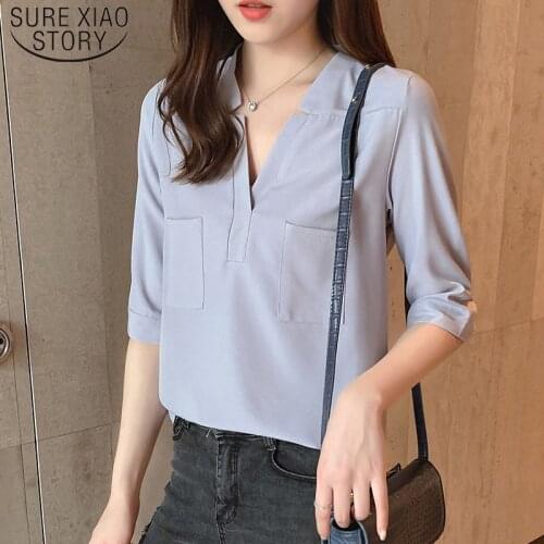 Summer Chiffon Women Shirts V-neck 2021 Loose Half Sleeve Sunscreen Shirt Tops Women Solid Slim Women Blouses Plus Size 6949 50