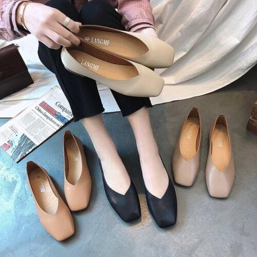 Fashion Women Flat Shoe Elegant Shallow Low-heeled Sandals 2021 Beige Korean Slippers Square Toe Slip-on Simple Woman Shoes