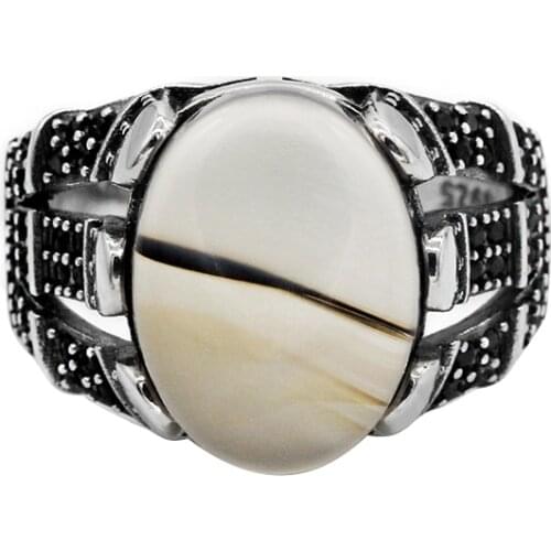 Men Ring 925 Sterling Silver Big Natural Onyx Stone & Black CZ Thai Silver Turkish Ring for Man Women Fashion Jewelry