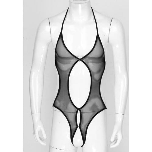 Mens Male See-through Mesh Bodysuit Catsuit Lace-up Crotchless Open Butt Sissy Gay Lingerie Teddies Porno Bodycon Nightwear