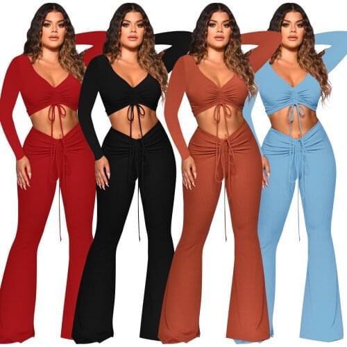 S-2xl Fall Clothes For Female Solid Color 2 Piece Set Women Sexy V Neck Long Sleeve And Flare Pants Sets Wholesale Dropshipping