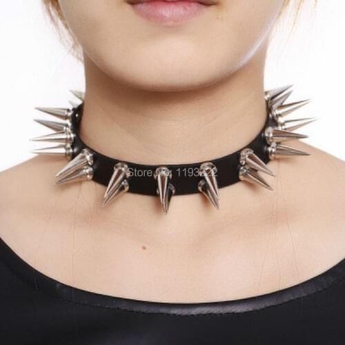 Harajuku Heavy Metal Lolita Handcrafted Leather Collar Double Row Spikes Studded Spiked Choker Necklace