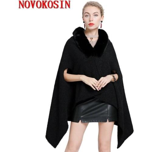 2020 New Black Grey Poncho Granular Velvet Loose Cloak Faux Fox Fur Neck Both Sides Long Cardigan Hole Sleeves Streetwear Coat