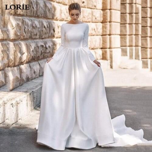 LORIE A Line Princess Wedding Dresses Satin Long Sleeve Wedding Bride Dresses Long Train White Wedding Gown Vestido de novia