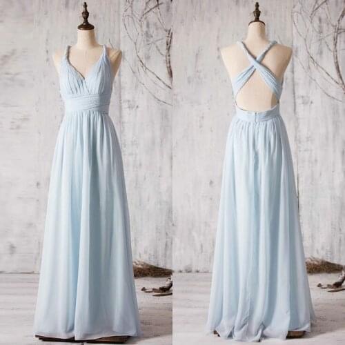 A-Line Long V-Neck Light Blue Bridesmaid Dresses Floor Length Criss Criss Cross Back Chiffon Pleated Formal Wedding Party Gowns