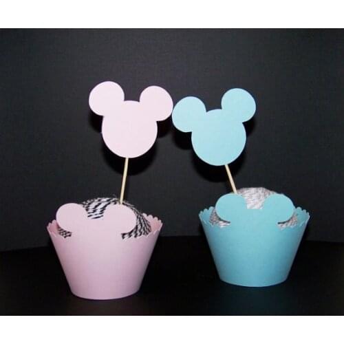 Gender Reveal mouse Cupcake toppers with Wrappers holders birthday wedding bridal shower cake decorations set toothpicks