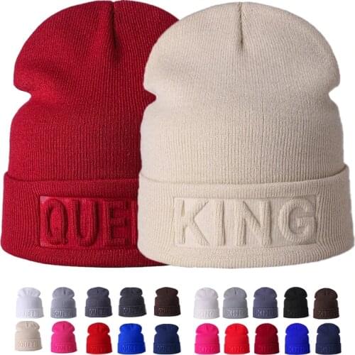 New Winter Hat King Queen Beanies Fashion Hip Hop Couples Cap Casual Solid Hat Men Woman Warm Knitted Beanie Ski Skullies Bonnet