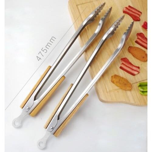 1ps Stainless Steel BBQ Tongs Kitchen Heat Resistant Wood Handle Larger Tong Kitchen Outdoor Tools BBQ Clips Barbecue Clip Clamp