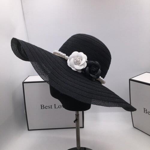 Summer black socialite gift hat pearl flower big eaves sun hat is prevented bask womens straw hat