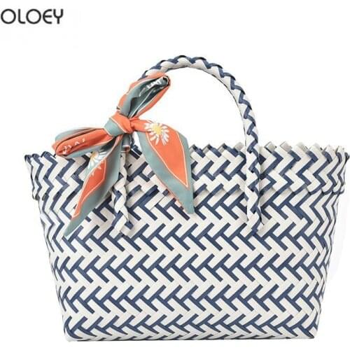 OLOEY Womens straw woven bag retro handbag contrast color silk scarf handbag vegetable basket bag summer bag waterproof