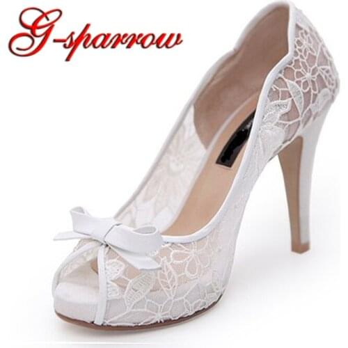 Wedding Shoes Customized Lace Flower High Heel Bride Party Formal Dress Shoes White Color Peep Toe Women Spring Shoes Size 41