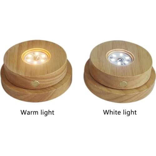 LED Luminous Rotating Base Lights Crystal Glass Transparent Objects Display Round Wooden Stands Bases for Bar Supplies