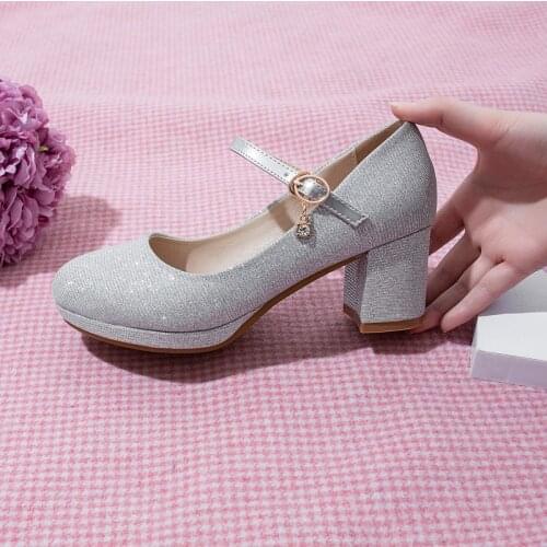 YQBTDL Gold Silver Party Glitter Mary Jane Shoes Woman High Heel Pumps Bling Platform Block Heels Bride Dress Shoes Summer 2020