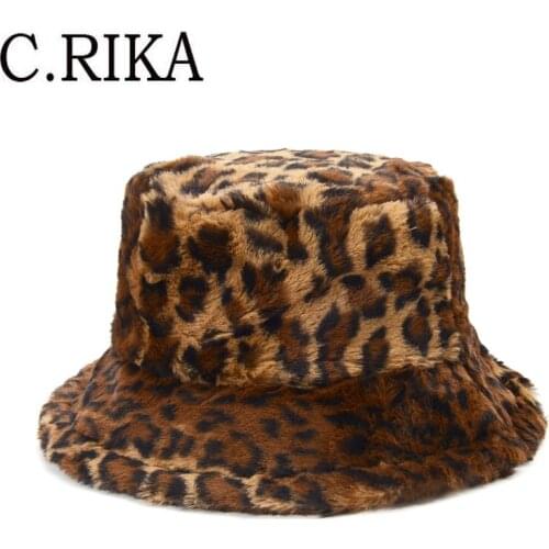 New Faux Fur Leopard Womens Winter Bucket Hats Lady Girl Outdoor Travel Sun Hat Panama Thick Warm Soft Velvet Fisherman Hat Bob