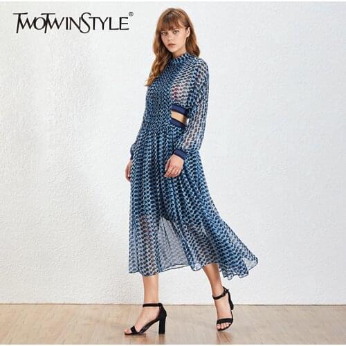 TWOTWINSTYLE Vintage Hollow Out Dress For Female Stand Collar Long Sleeve High Waist Print Elegant Dresses Women 2021 Spring