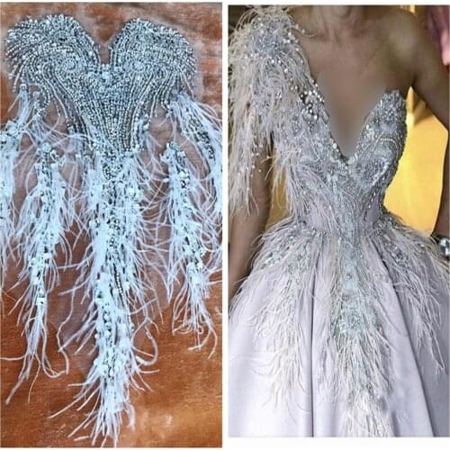 13 colour hand made sew on bodice Rhinestones applique on mesh trim with feather 64*35cm for dress front and back