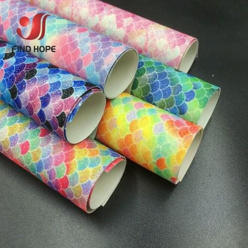 6pcs 20x30cm Mermaid Fish Scale Iridescent Glitter Sparkle Fabric PU Faux Leather DIY Bow Brooch Earring Making Craft Handmade