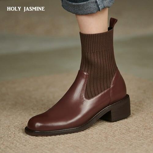 Sweet Female Chelsea Short Boots Genuine Leather Square Heels Women Socks Ankle Boots Dancing Party Shoes Woman Platform Boots