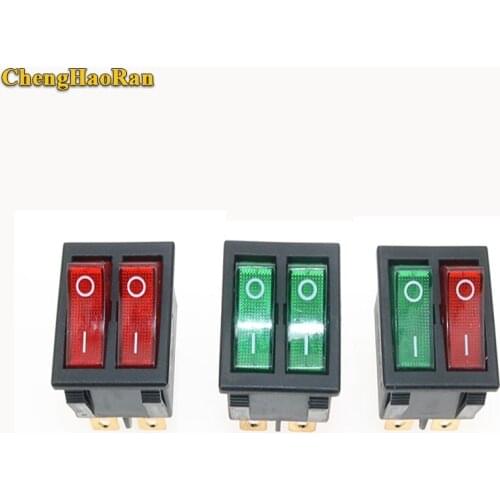 ChengHaoRan 1pcs KCD2 Double Boat Rocker Switch 6 Pin On-Off With Green Red Light 20A 125VAC/ 16A 250V 6 PIN 2 Position