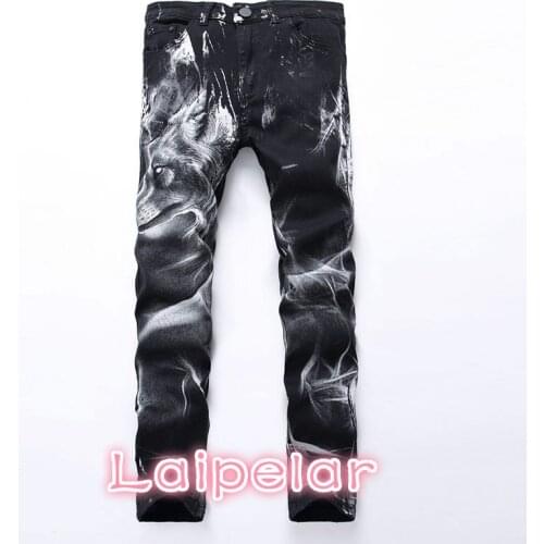 New fashion Mens wolf printed jeans men slim straight Black stretch jeans high quality designer pants nightclubs singers