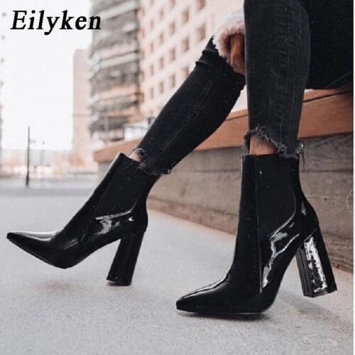 Eilyken 2021 New Winter Fashion Patent Leather Thick High Heels Women Boots Pointed Toe Zip Black Female Boot Plus Size 41 42