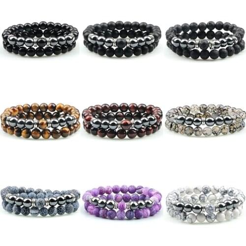 2Pcs/Set Lava Rock 8mm Beaded Elastic Bracelet Turquoises Natural Rounded Stone For Men/Women Buddha Jewelry Bracelets&Bangles