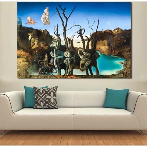 JQHYART Canvas Art Salvador Dali Painting Swans Reflecting Elephants Wall Pictures For Living Room Home Decor Printed