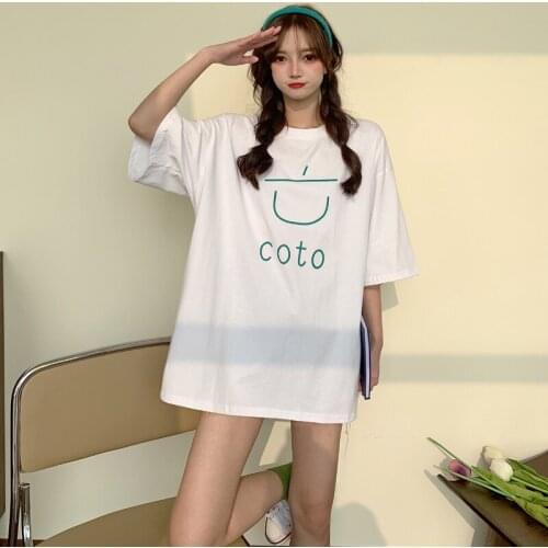 Summer Style Kawaii Simple Hand-Painted Smiley Short-Sleeved T-Shirt Female Cute Graphics 2021 Korean Oversize Cotton Female Top