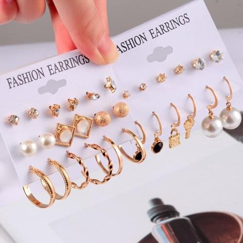Fashion Bohemian Simple Pearl Hoop Crystal Stud Earrings Sets For Women Geometric Heart Earrings 2021 Trendy Accessories Jewelry