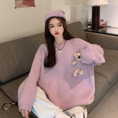 Korean Fashion Purple Pullove Sweaters 2021 Y2k Girls Doll Pockets Knitted Sweaters Sweet Kawaii Colored Loose Knitwear Sweater