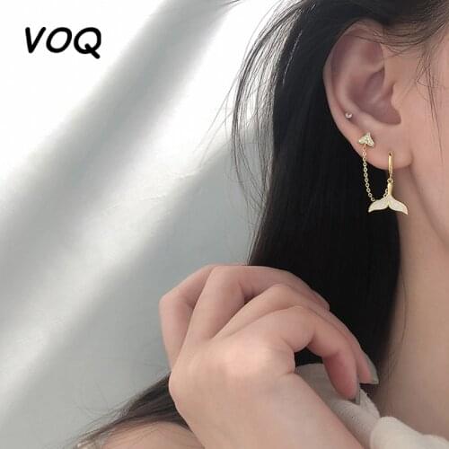 VOQ 925 Sterling Silver Shell Fishtail Zircon Earrings Women Simple Fashion Temperament Double Pierced Creative Ear Chain