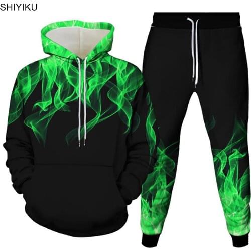 SHIYIKU 2021 Fashion 2 Piece Flame 3D Printing New Unisex Hoodie Jogging Pants Brand Mens Pullover Hooded Sweatshirt Couple Set