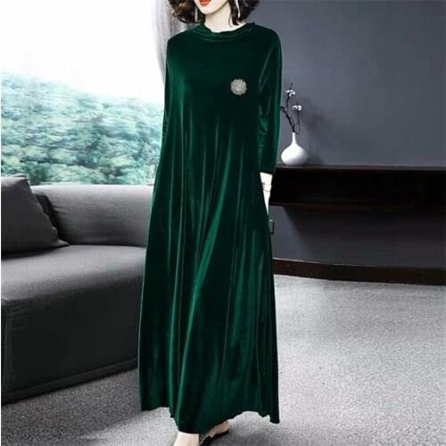 2020 Autumn Spring Turtleneck elegant velour dress with Crystal brooch M-6XL 7XL plus size England style long maxi velvet dress