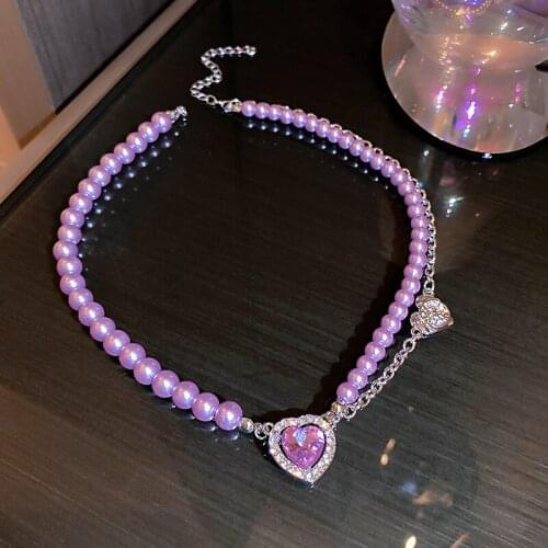 Elegant Purple Pearl Choker Necklace Women Rhinestone Crystal Heart Pendant Jewelry For Valentines Birthday Girl Friend Gift