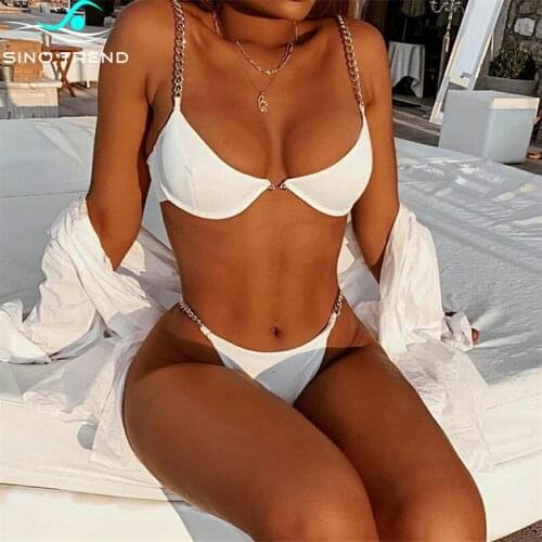 Hot Sale Sexy Pin Buckle Swimsuit Solid Bikini Set 2020 Metal Shoulder Strap Swimwear Women Bathing Suit Maillot De Bain Biquini