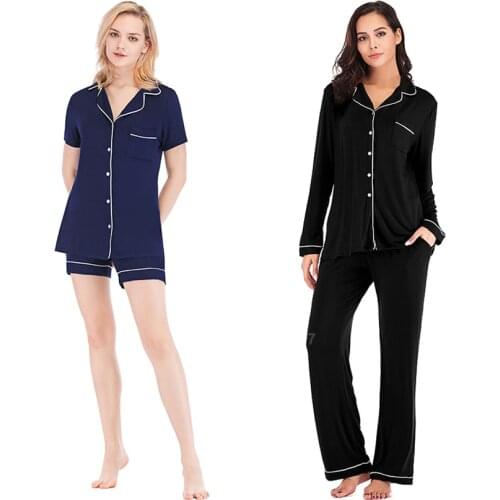 Modal Cotton Soft Sleepwear Set for Women Notch Collar Palm Leaf Pure Color Short Long Sleeve Single Breasted Lounge Pajamas PJs