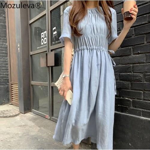 Mozuleva 2020 Summer Casual Short Sleeve Female Dress Elegant Ruched Lace Up Women A-line Dress Blue Midi Party Vestidos femme