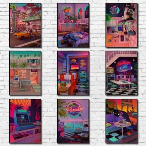 80s Synthwave Poster Cartoon Kraftpaper Poster Art Painting Abstract Fancy Wall Sticker for Coffee House Bar
