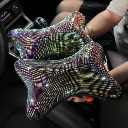 Luxury Rhinestone Car Neck Pillow Women Car Interior Accessories Car Seat Pillow Colorful Rhinestone Crystal Diamond Neck Pillow
