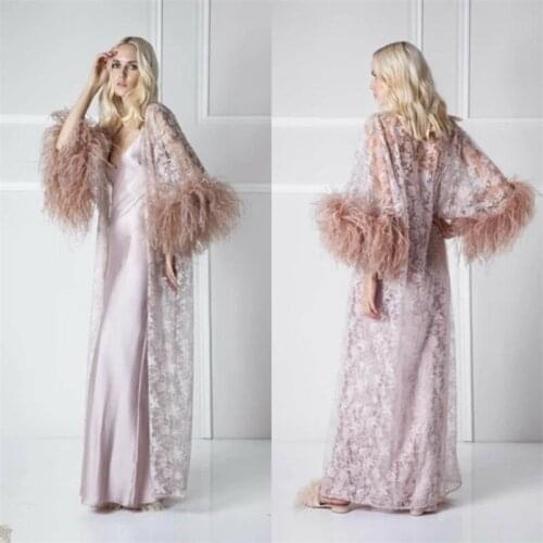 2 Pieces Night Gown Luxury Fur Bride Sleepwear Robes Ruched Satin Lace Custom Made Long Sleeves Dressing Gown Women Sleepwear